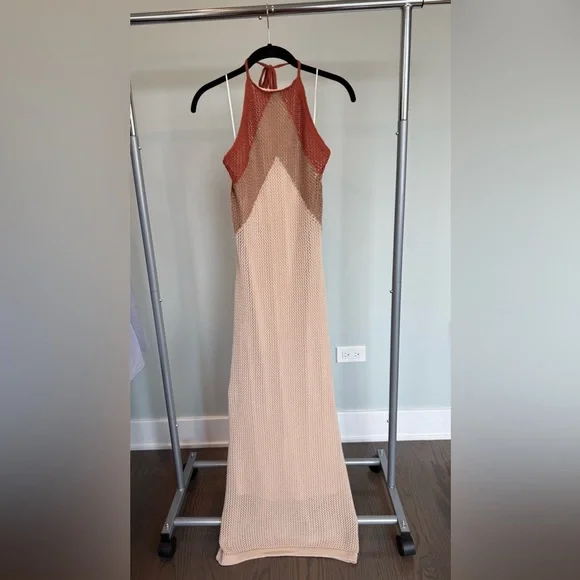 Lulu's Cancun Calling Taupe Multi Crochet Halter Midi Sweater Dress Small NWT - Picture 6 of 10